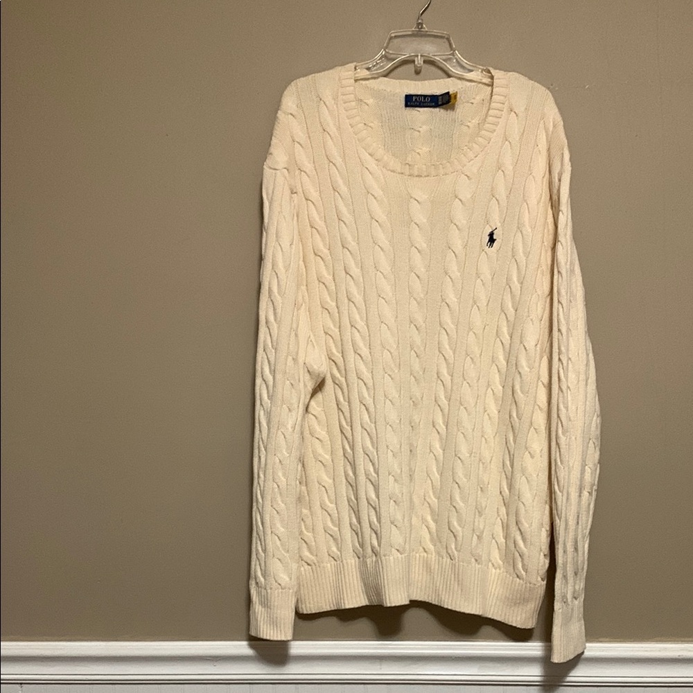 Polo Ralph Lauren Men's Crew-Neck 3XB Cream Cotton Cable Knit Sweater Preppy